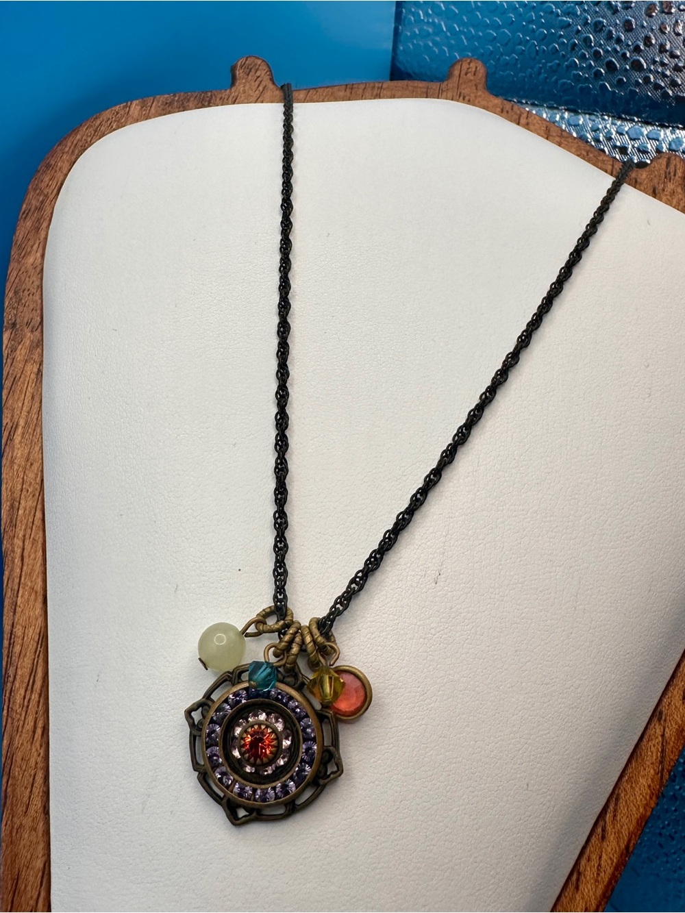 Liz Palacios S.F. Pendant Necklace 18" Antiqued Brass Crystal Charm Cluster